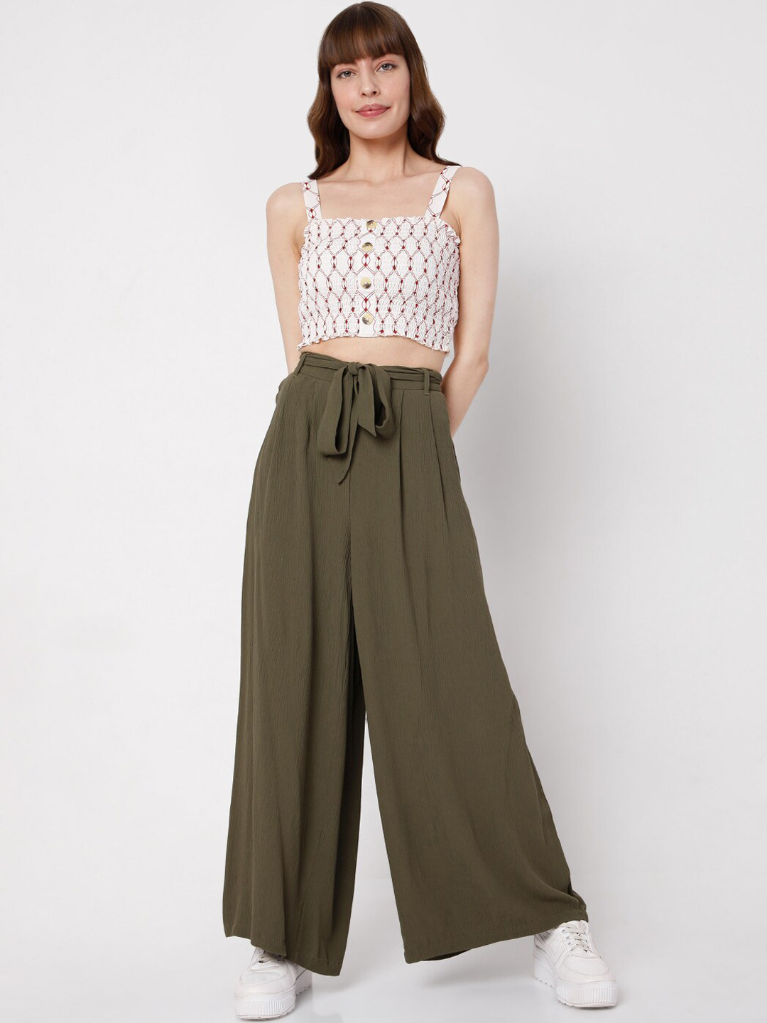

Vero Moda Women Olive Green Flared High-Rise Pleated Trousers