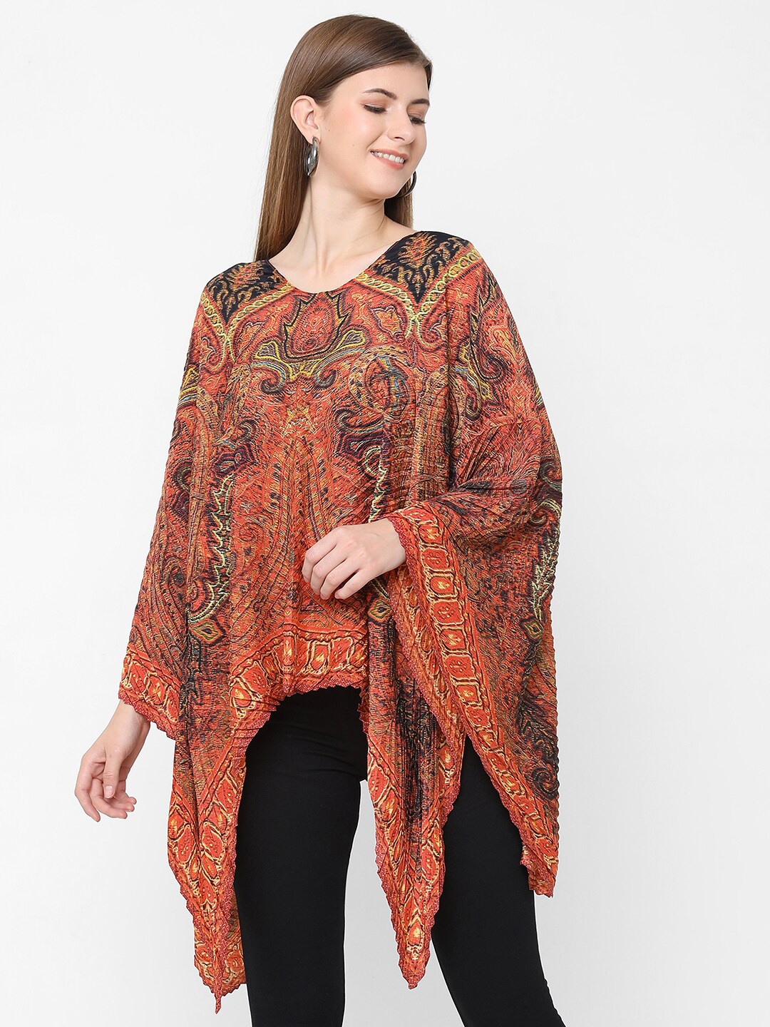 Cloth Haus India Orange Print Pleated Poncho