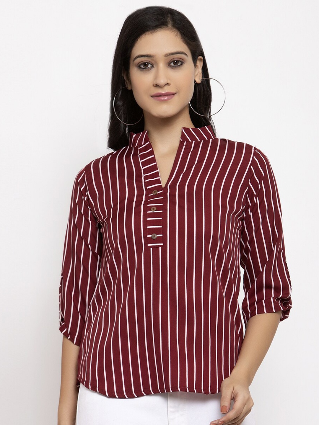 

Sayesha Maroon Striped Mandarin Collar Roll-Up Sleeves Crepe Shirt Style Top