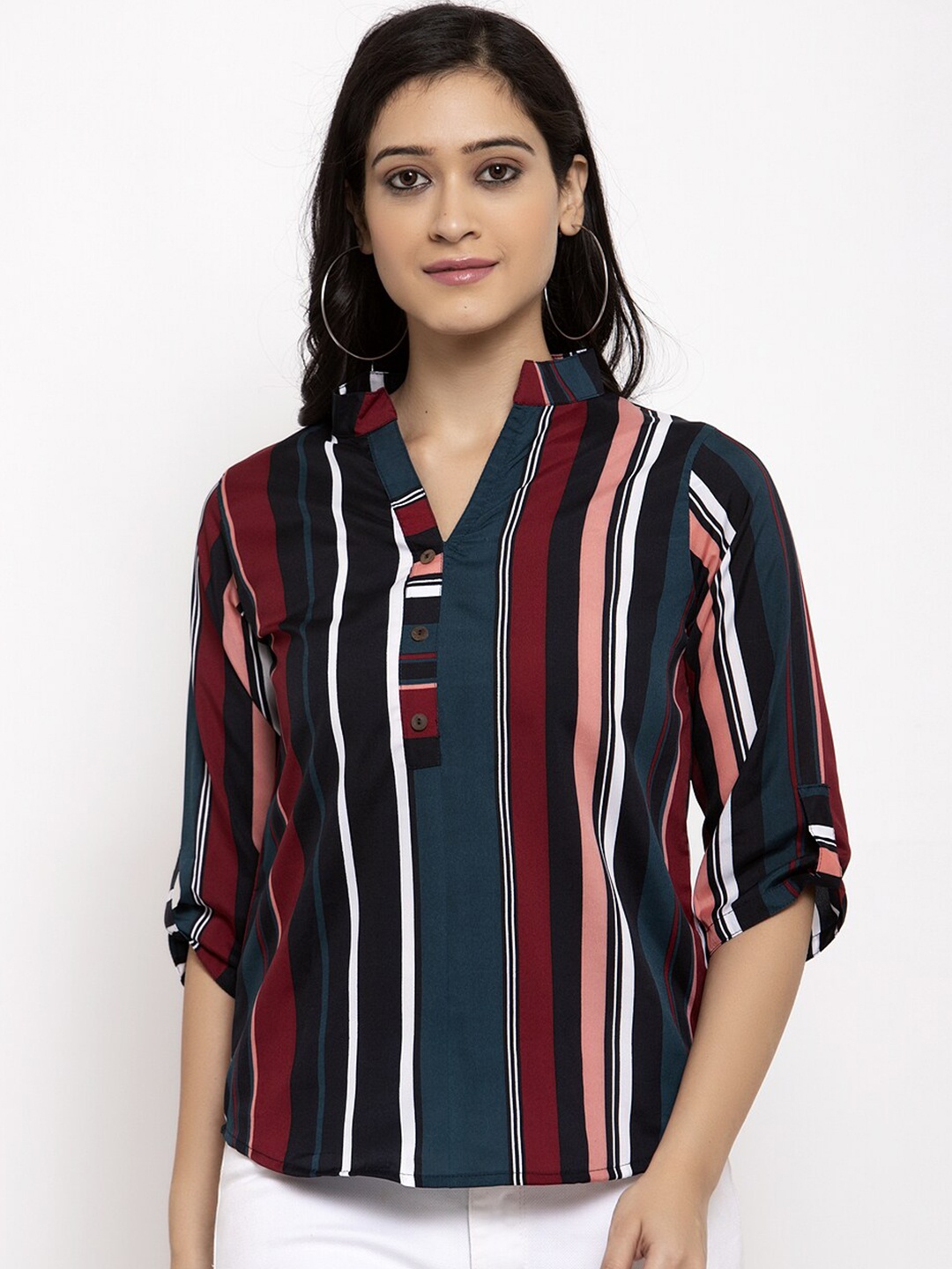 

Sayesha Green & Pink Striped Mandarin Collar Roll-Up Sleeves Crepe Shirt Style Top