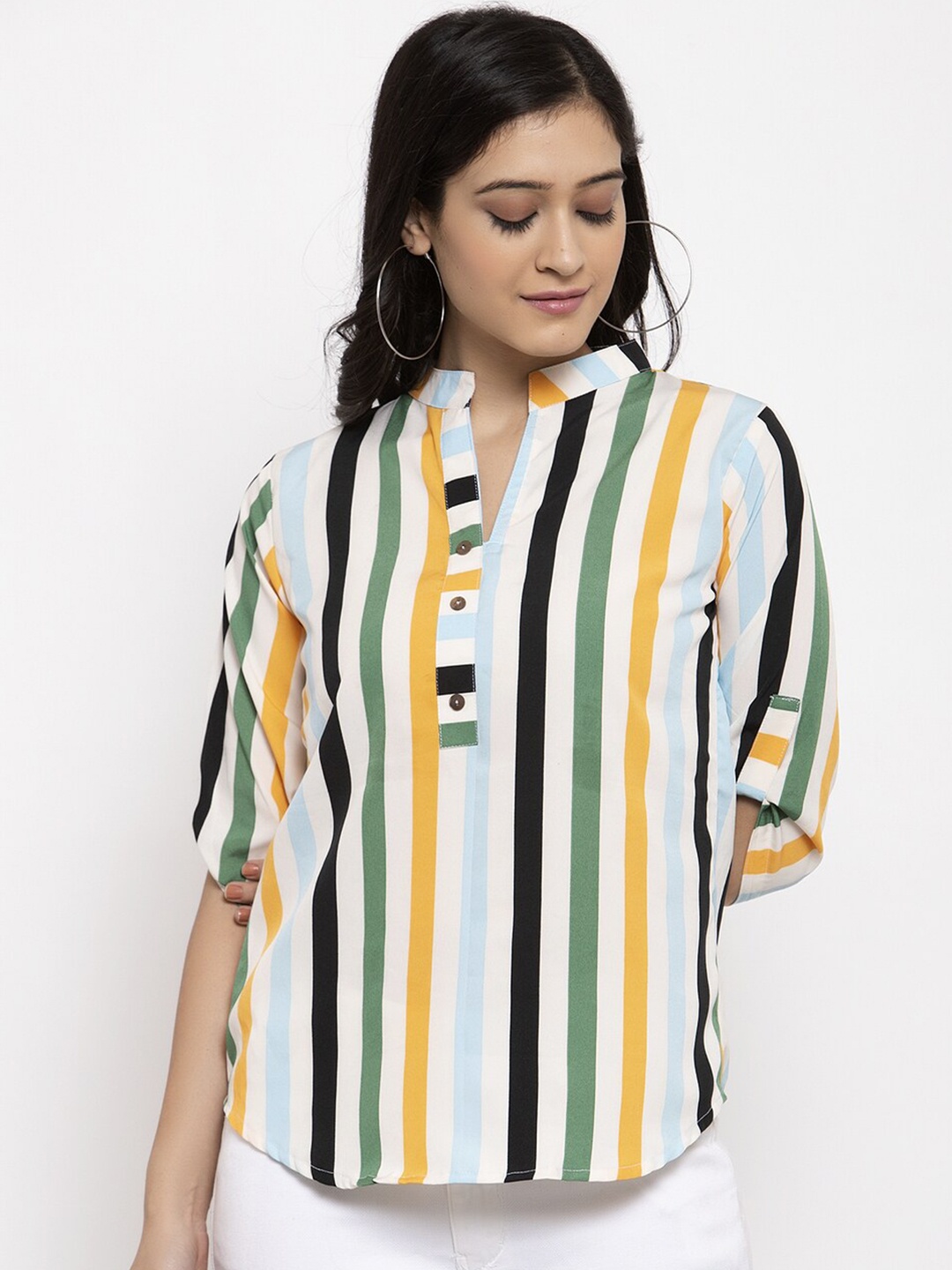 

Sayesha Women White & Yellow Striped Mandarin Collar Shirt Style Top