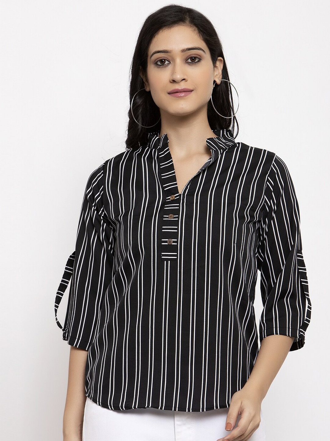 

Sayesha Black & White Striped Mandarin Collar Shirt Style Top