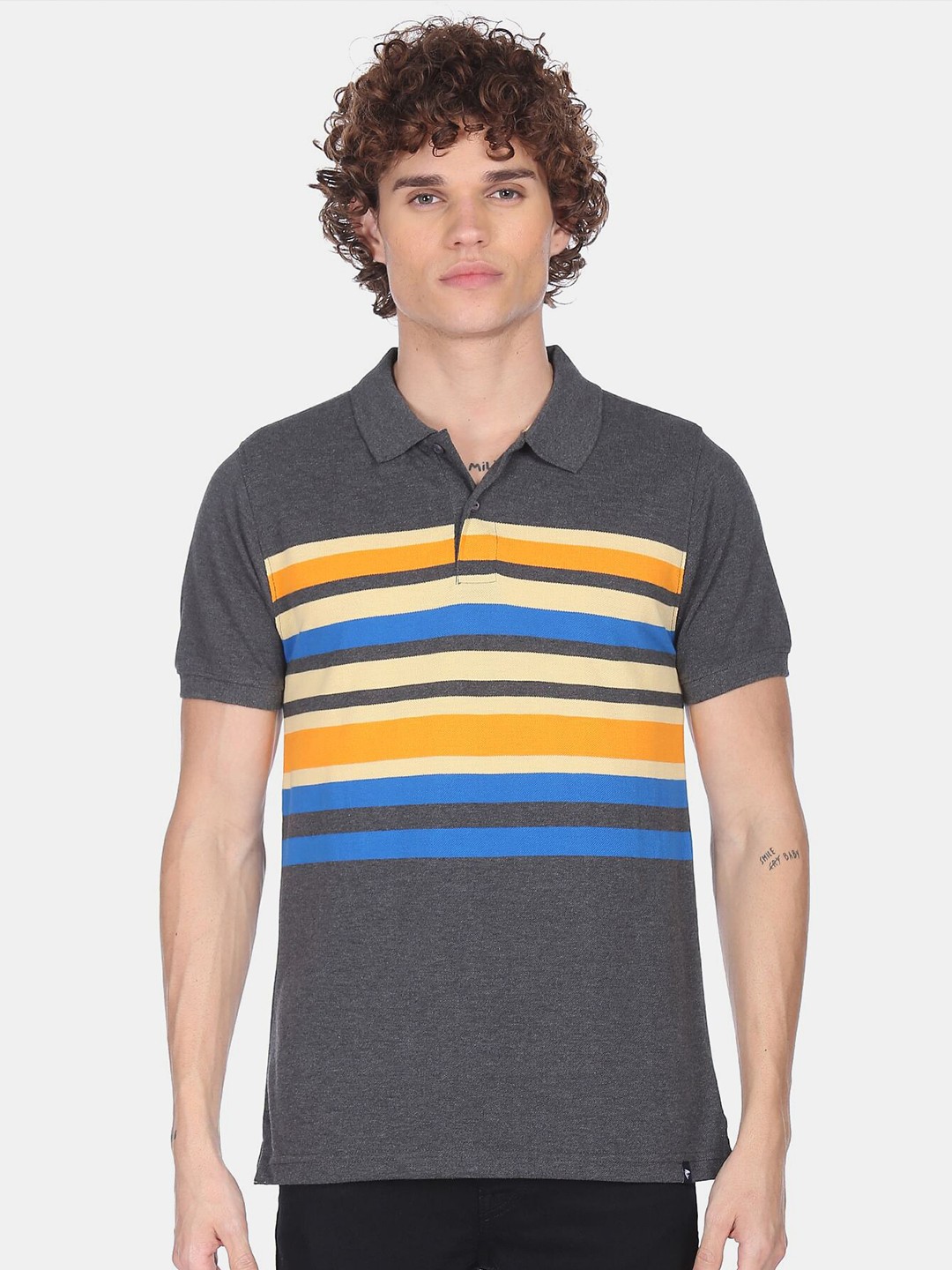 

Ruggers Men Charcoal Grey Regular Fit Ribbed Striped T-shirt