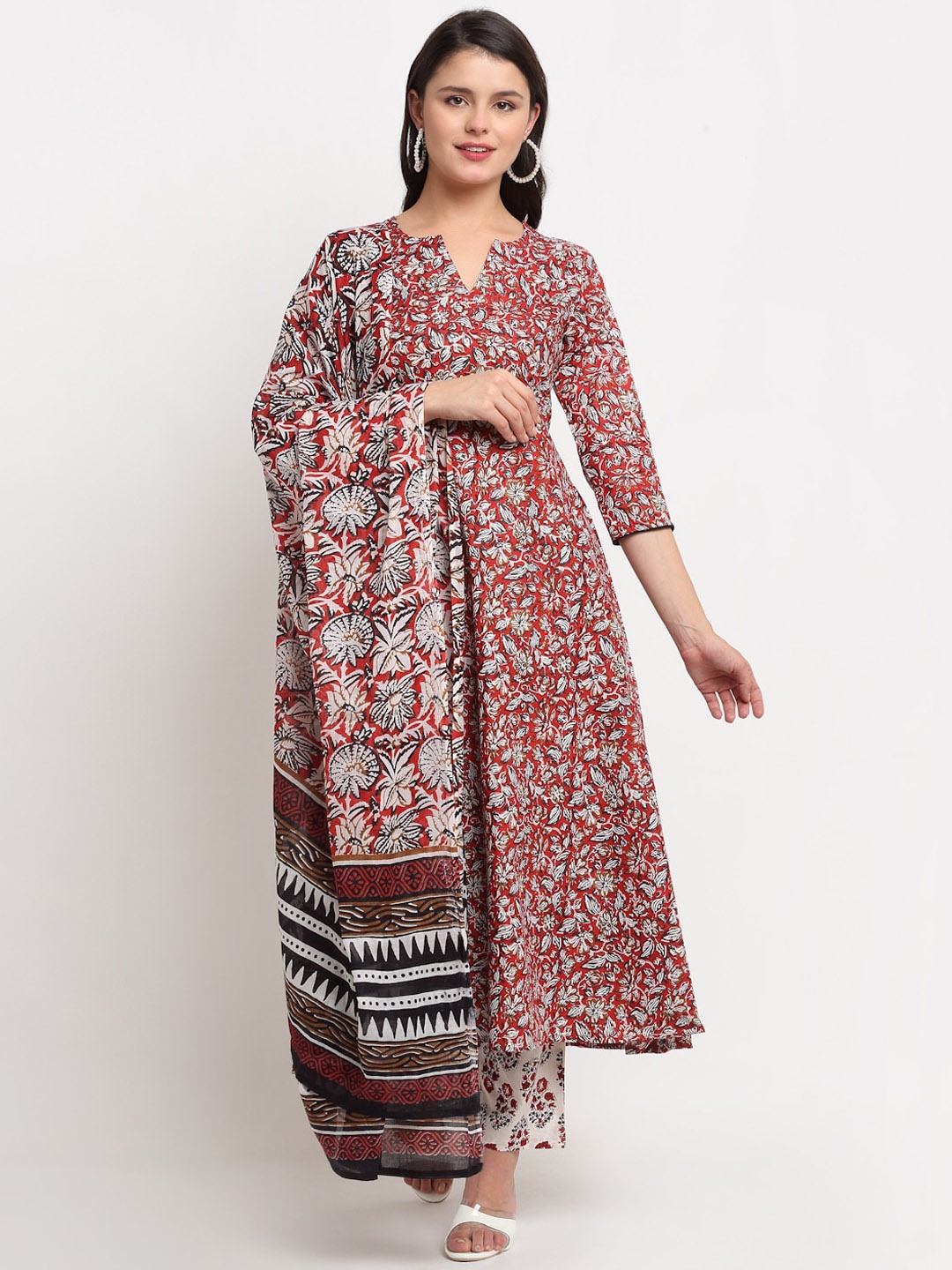 

The Mini NEEDLE Women Red Ethnic Motifs Printed Pure Cotton Kurta with Palazzos & With Dupatta