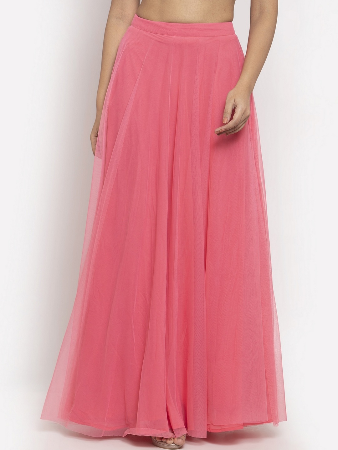 

Just Wow Women Pink Solid Net Flared Maxi Skirt