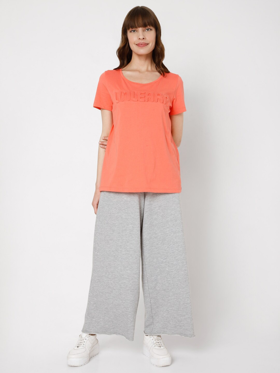 

Vero Moda Women Orange Typography Extended Sleeves T-shirt