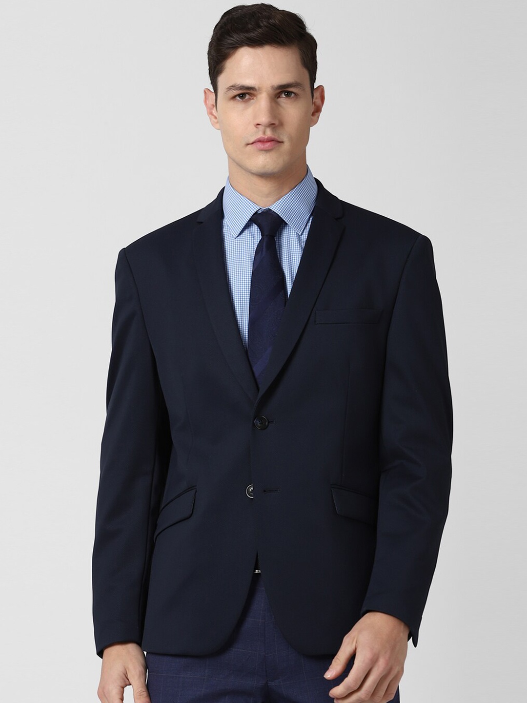 

V Dot Men Navy Blue Solid Slim-Fit Single-Breasted Formal Blazer