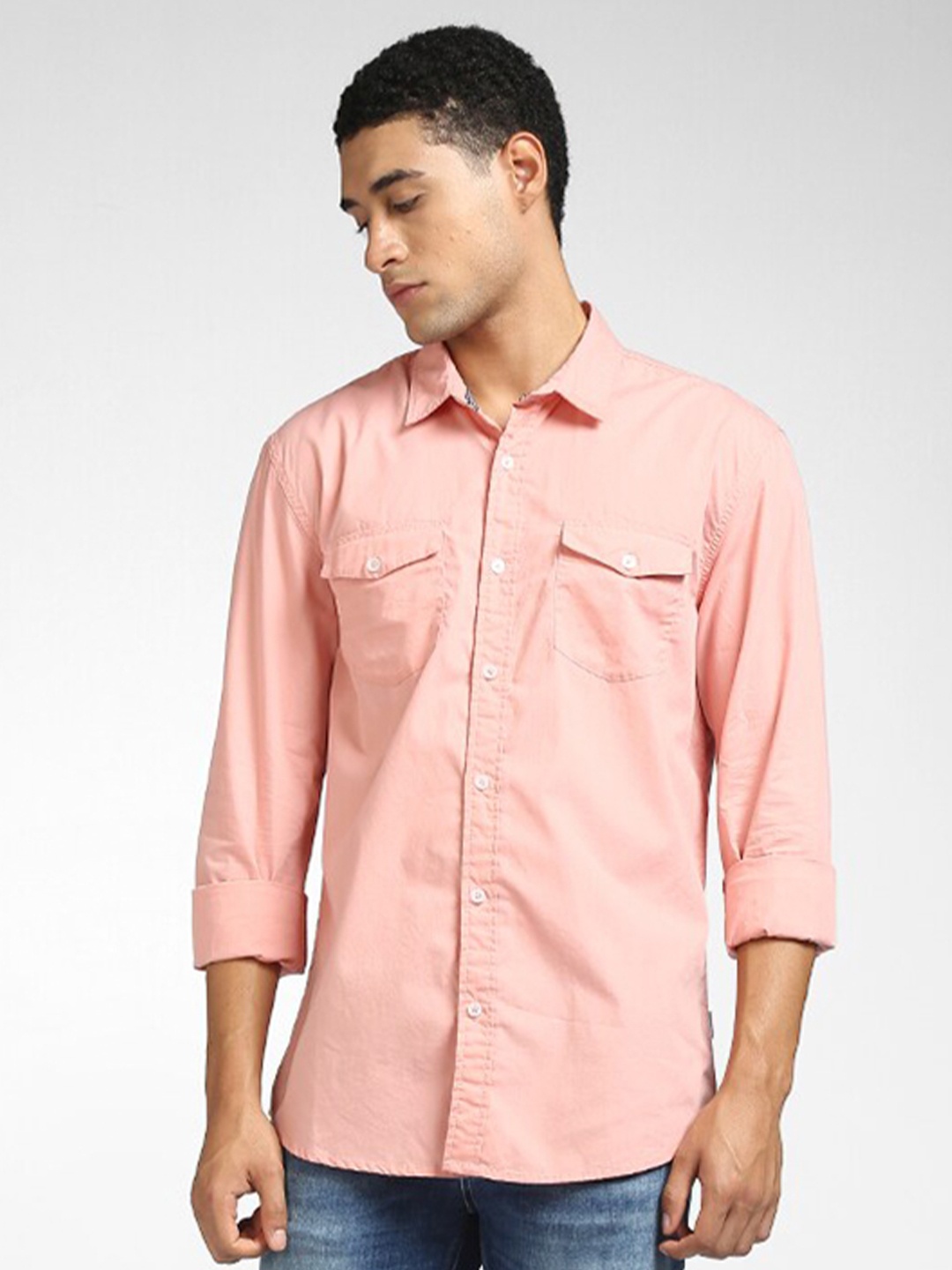 

Jack & Jones Men Peach-Coloured Solid Casual Shirt