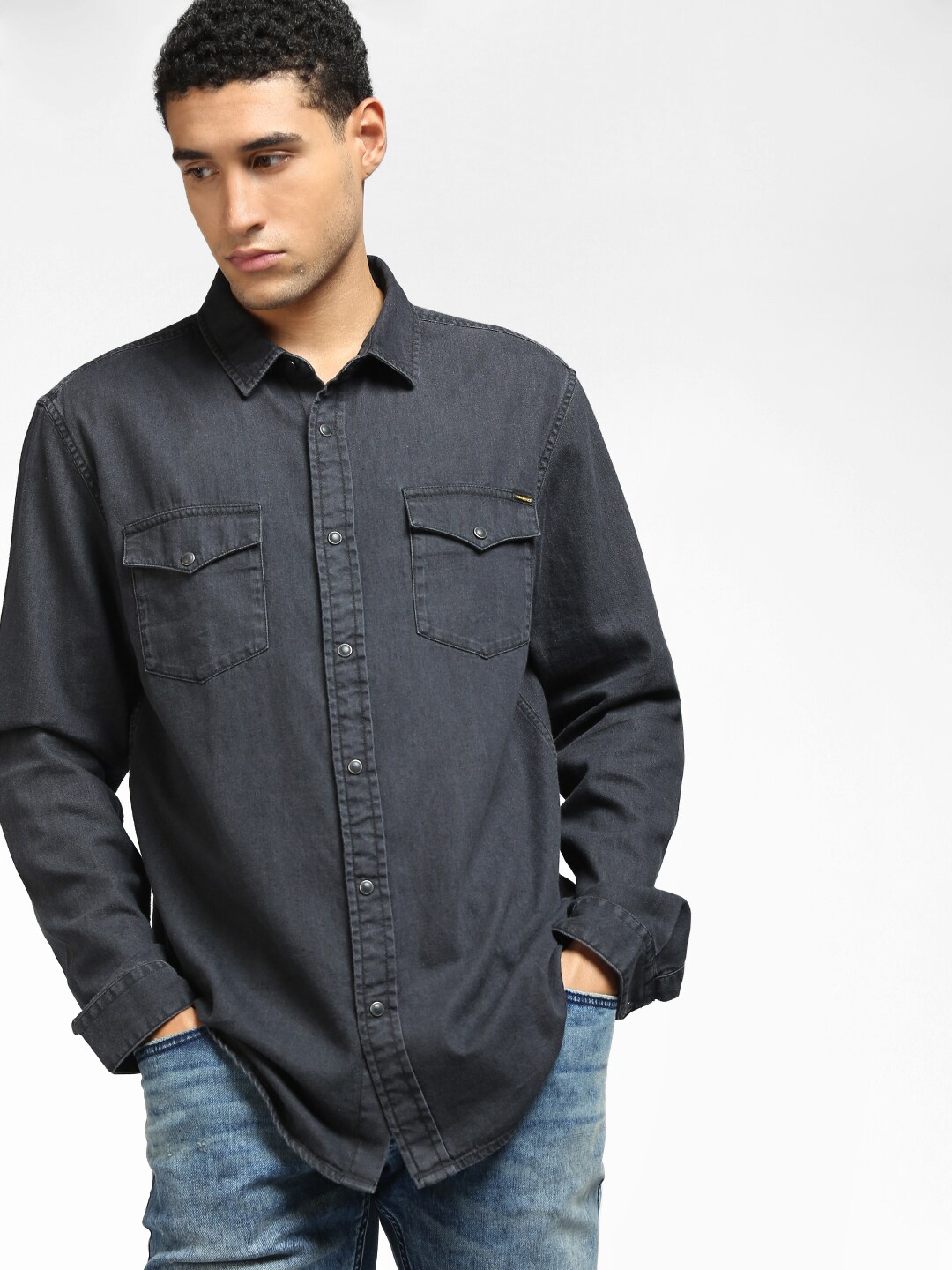 

Jack & Jones Men Black Regular Fit Solid Denim Casual Shirt