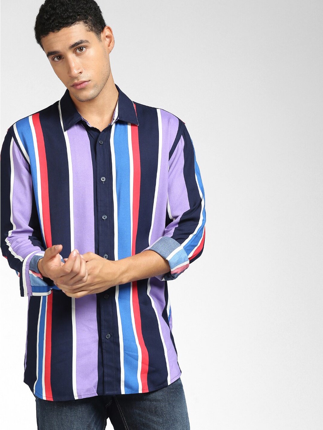 

Jack & Jones Men Violet & Navy Blue Striped Casual Shirt