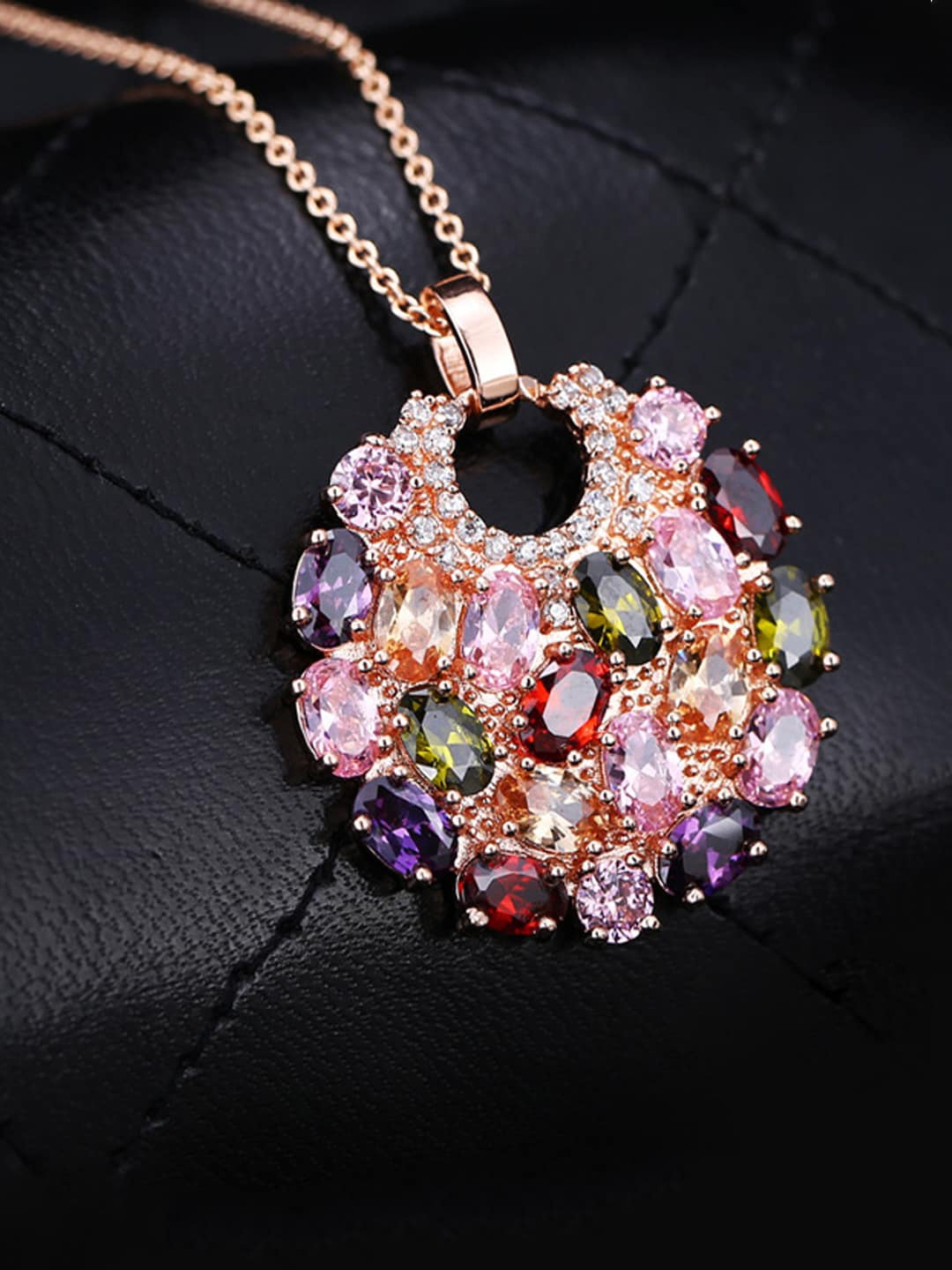 

Yellow Chimes Women Rose-Gold Plated Pink & Green CZ Studded Pendant With Chain