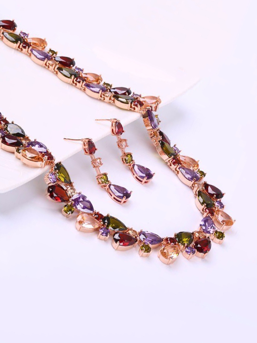 

Yellow Chimes 18K Rose Gold-Plated Multicoloured CZ Studded Jewellery Set, Multi