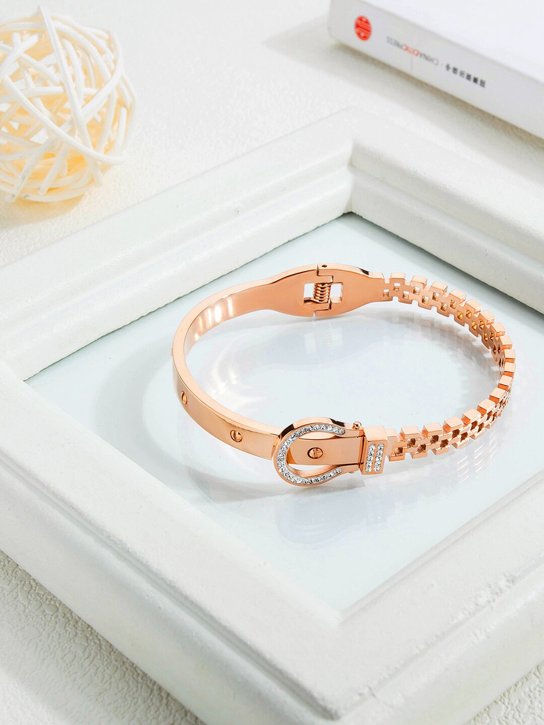 

Yellow Chimes Women Rose Gold-Plated White Crystal Bangle-Style Bracelet