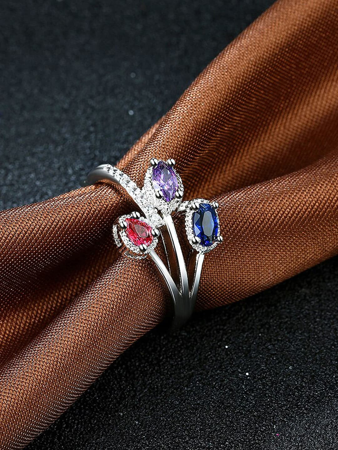 

Yellow Chimes Silver-Toned & Blue Crystal Stone Studded 18K Platinum-Plated Finger Ring