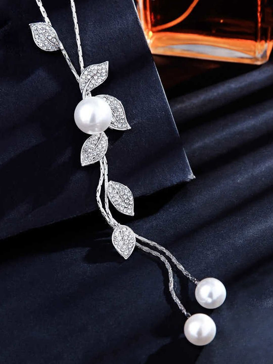 

Yellow Chimes Silver-Toned & White Pearl Rhodium-Plated Crystal Studded Pendant With Chain