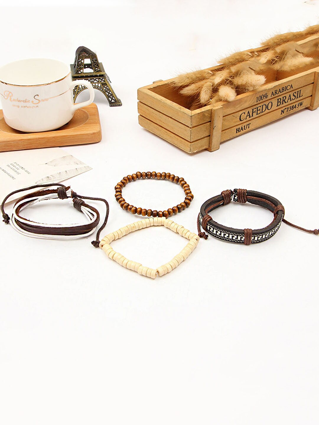 

Yellow Chimes Unisex 4 Brown & Cream-Coloured Leather Wraparound Bracelet