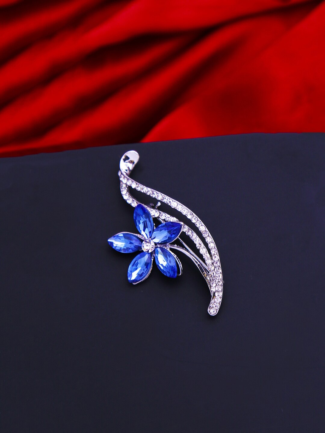 

Yellow Chimes Women Silver-Plated Blue Crystal Studded Brooch
