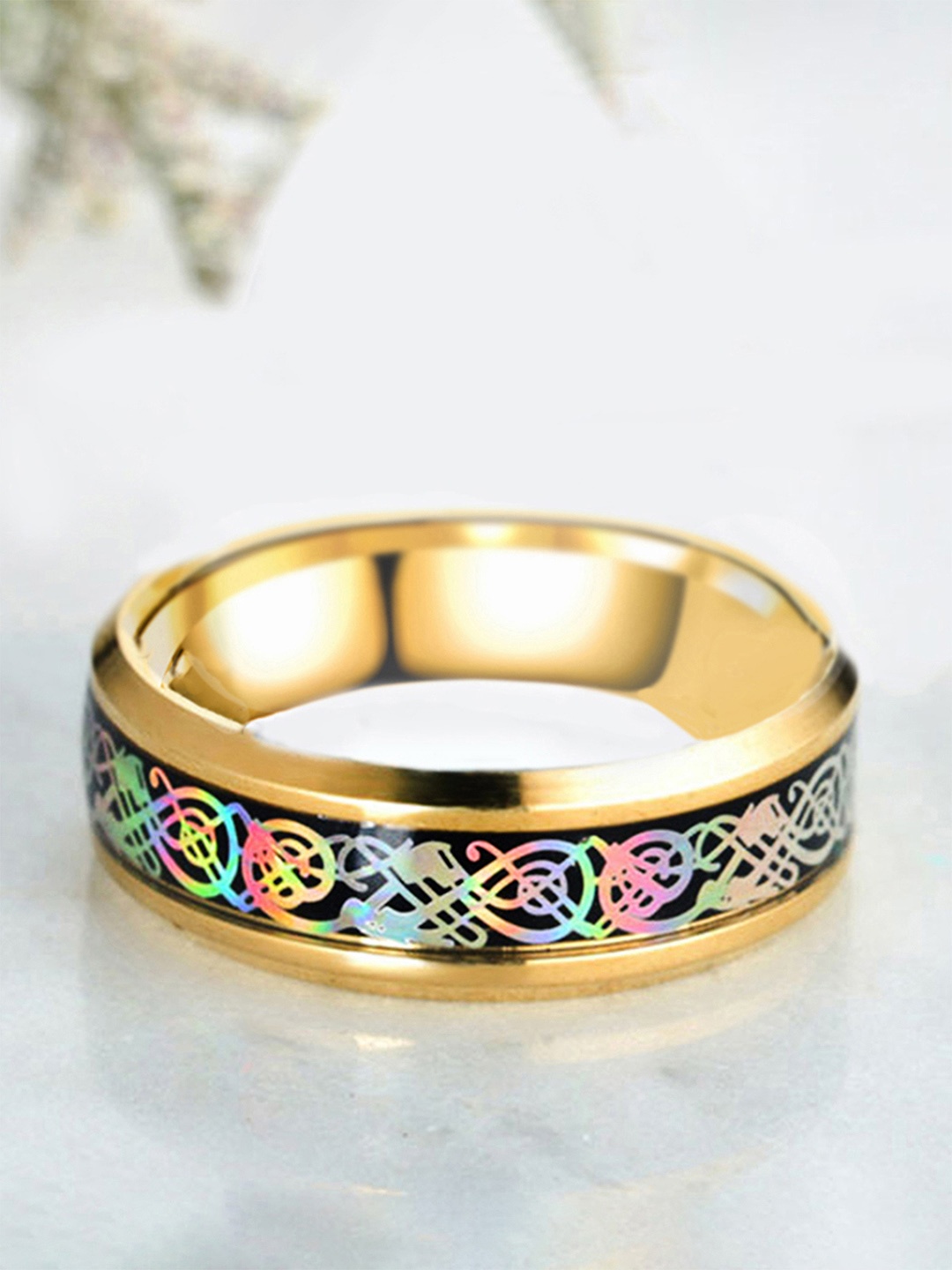 

Yellow Chimes Men Gold-Toned & Black Celtic Inlay Finish Stainless Steel Band Finger Ring