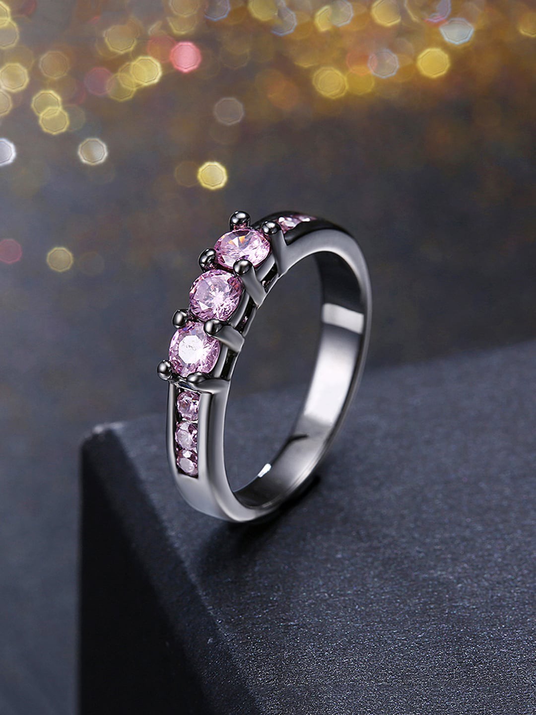 

Yellow Chimes 18K Platinum-Plated Silver-Toned & Purple Crystal Stone Studded Finger Ring