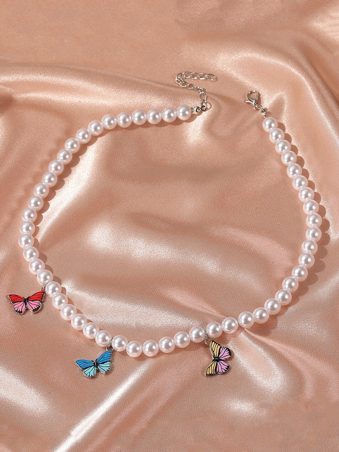 

Yellow Chimes White Gold-Plated Pearl & Butterfly Chain Necklace