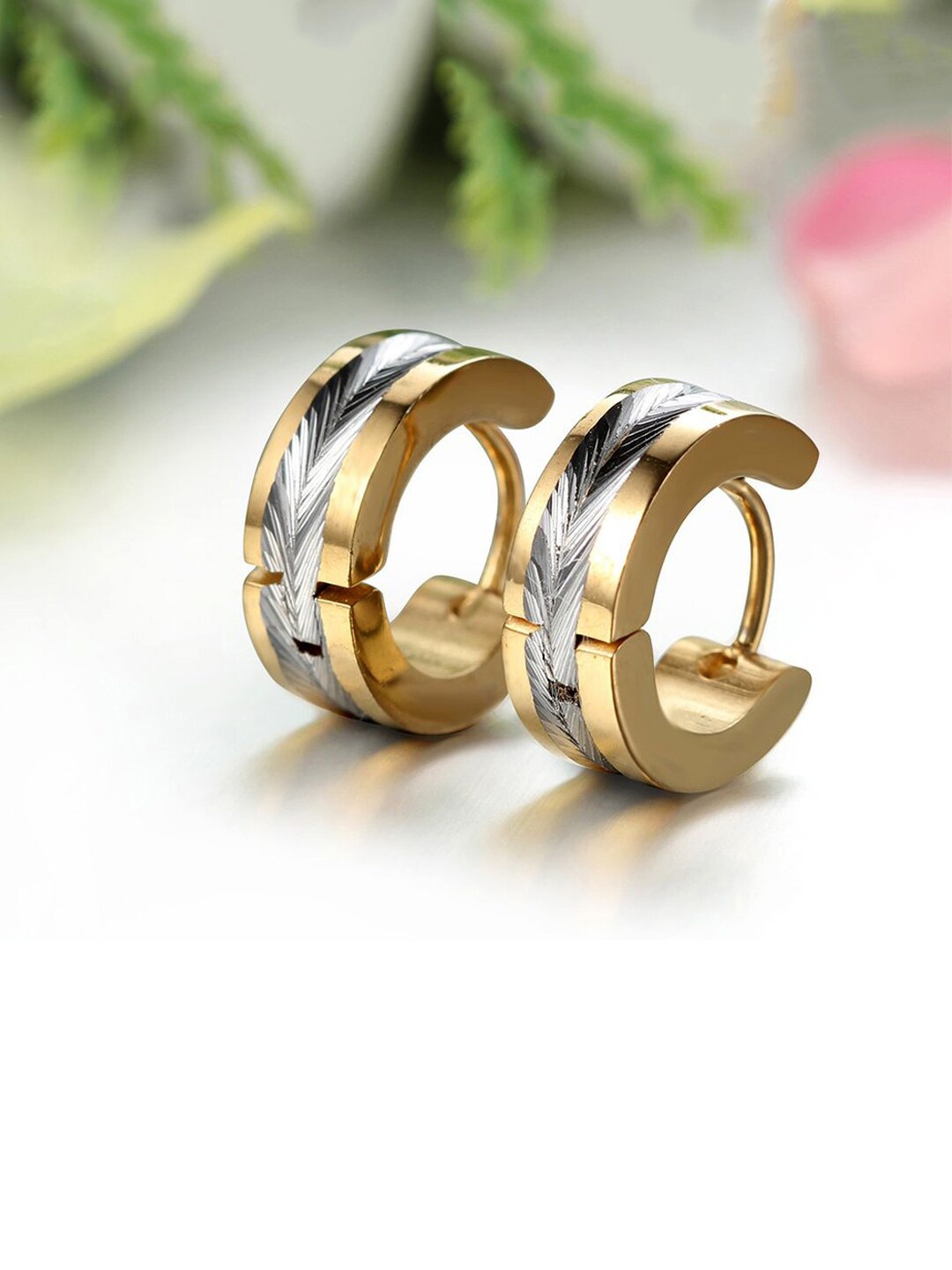 

Yellow Chimes Gold-Toned Geometric Stainless Steel Hoop Earrings