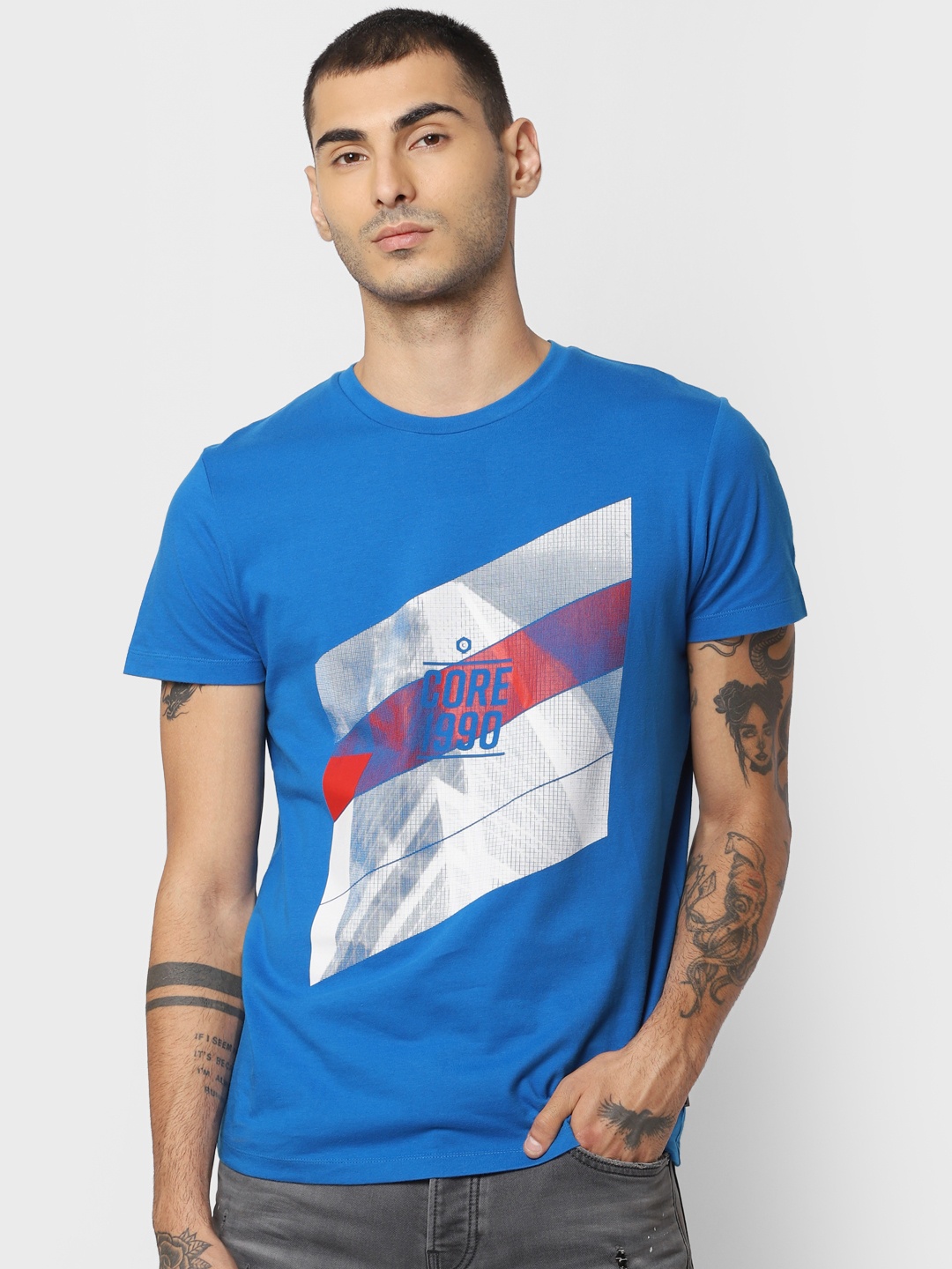 

Jack & Jones Men Blue & Grey Printed Slim Fit Pure Cotton T-shirt