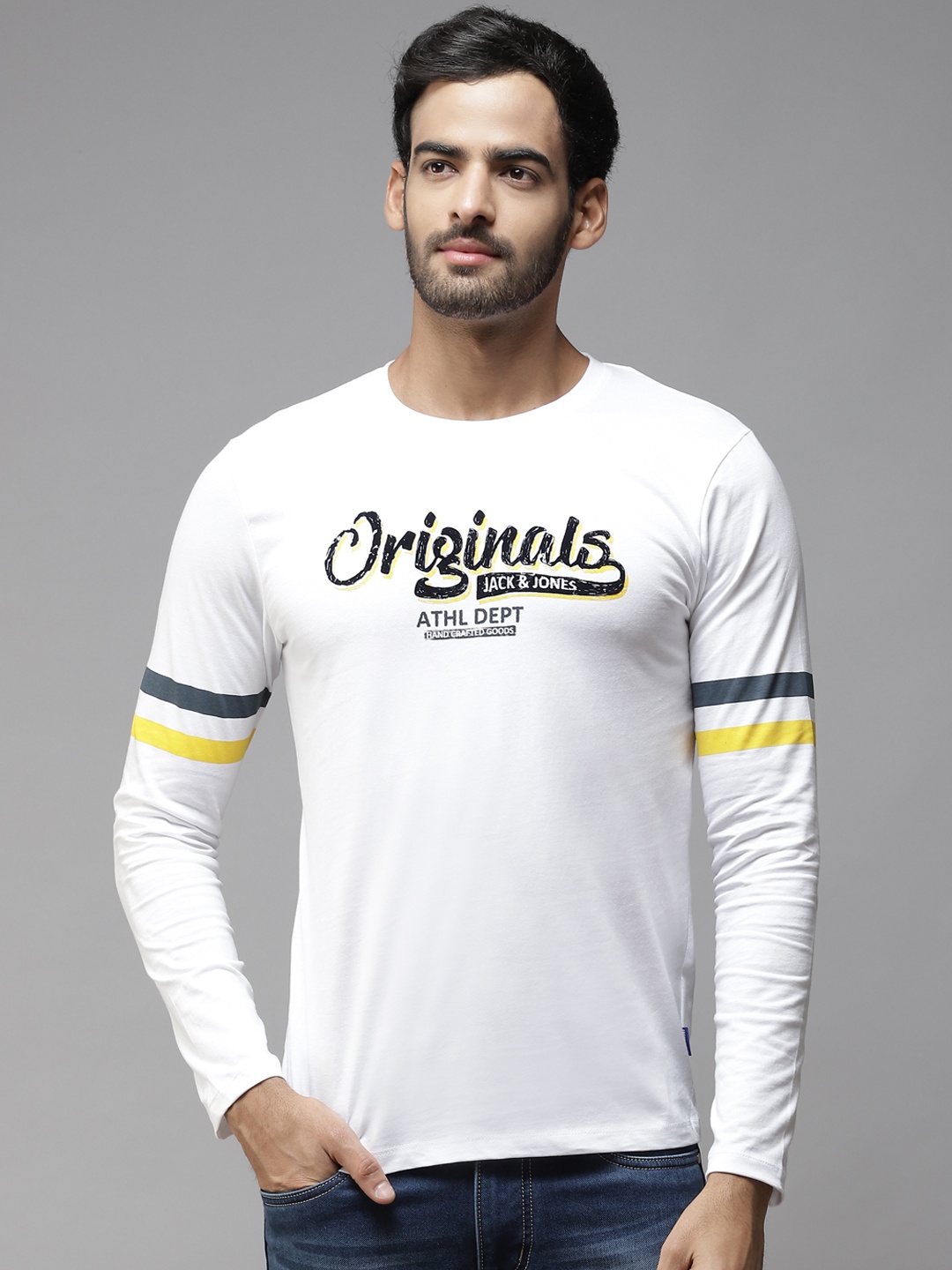 

Jack & Jones Men White & Navy Blue Brand Logo Printed Pure Cotton Slim Fit T-shirt