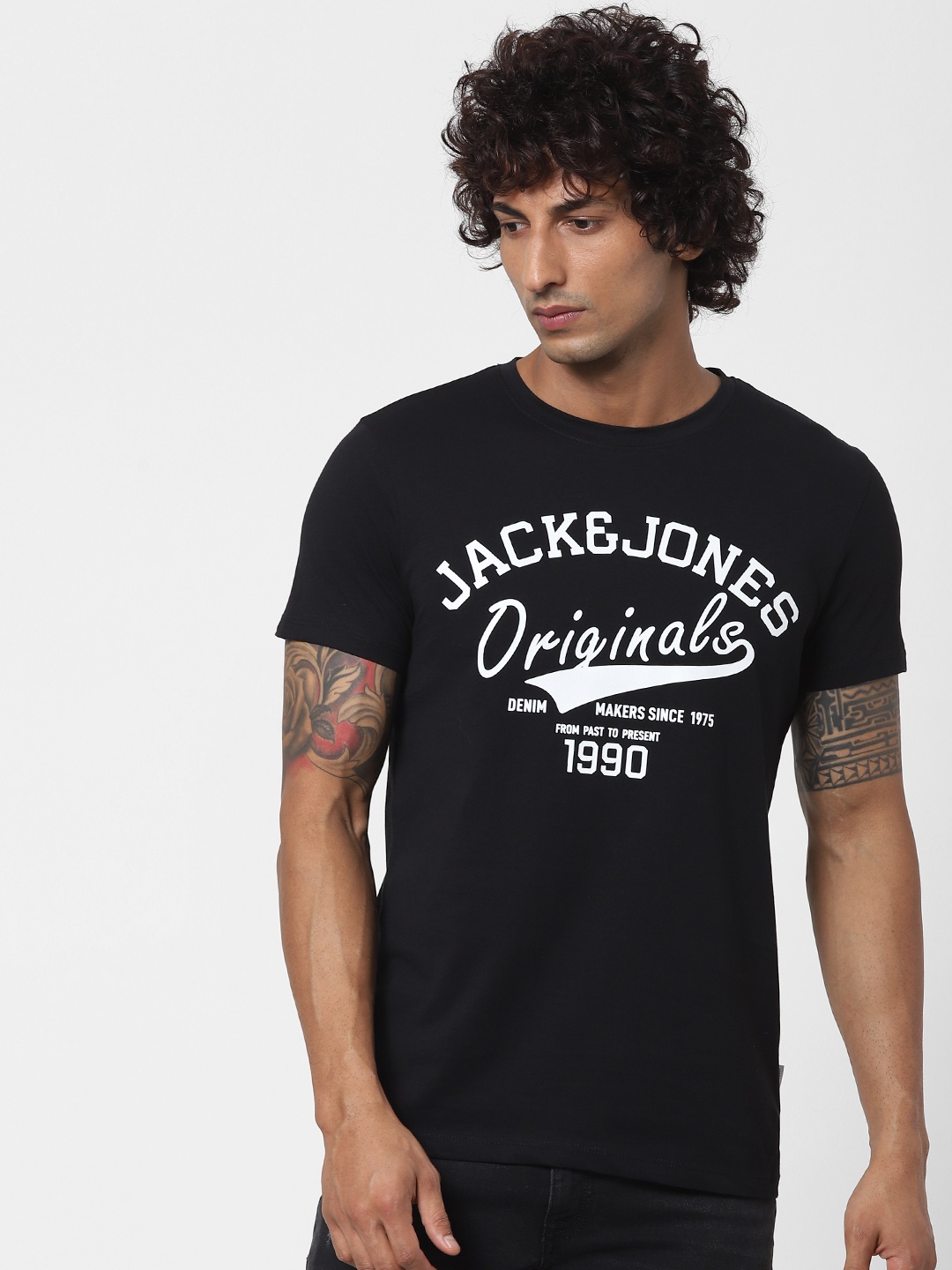 

Jack & Jones Men Black & White Printed Slim Fit Pure Cotton T-shirt