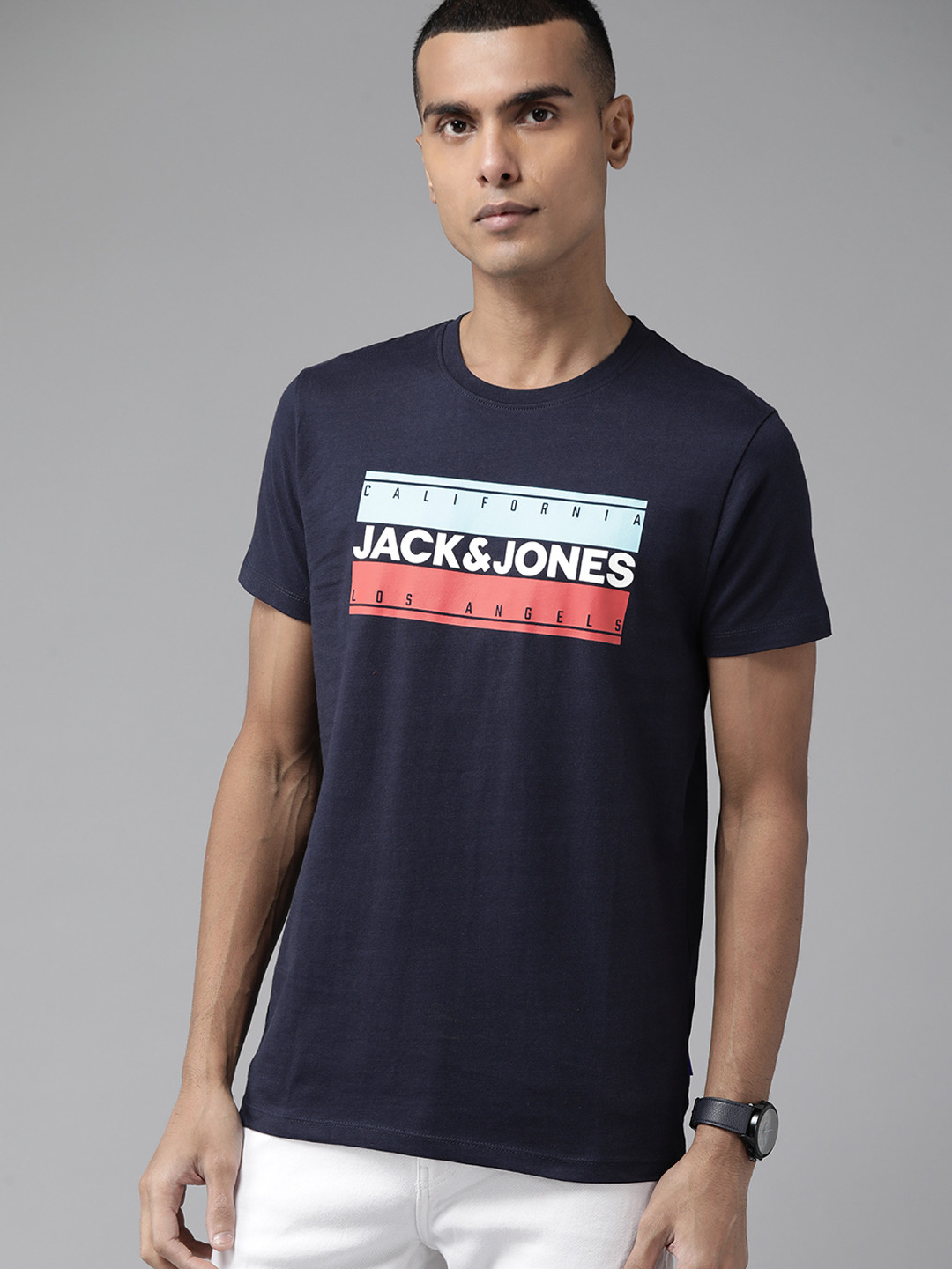 

Jack & Jones Brand Logo Printed Pure Cotton Slim Fit T-shirt, Navy blue