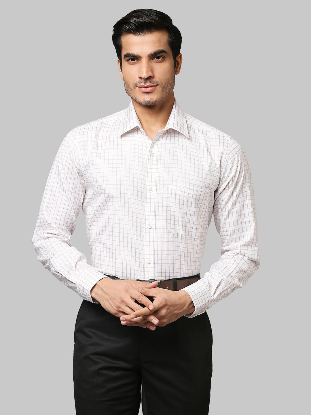 

Raymond Men Beige Grid Tattersall Checked Regular Fit Pure Cotton Formal Shirt