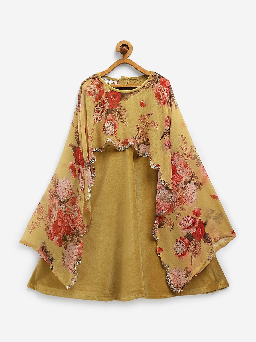 

Ahalyaa Girls Mustard Yellow Floral Velvet A-Line Maxi Dress