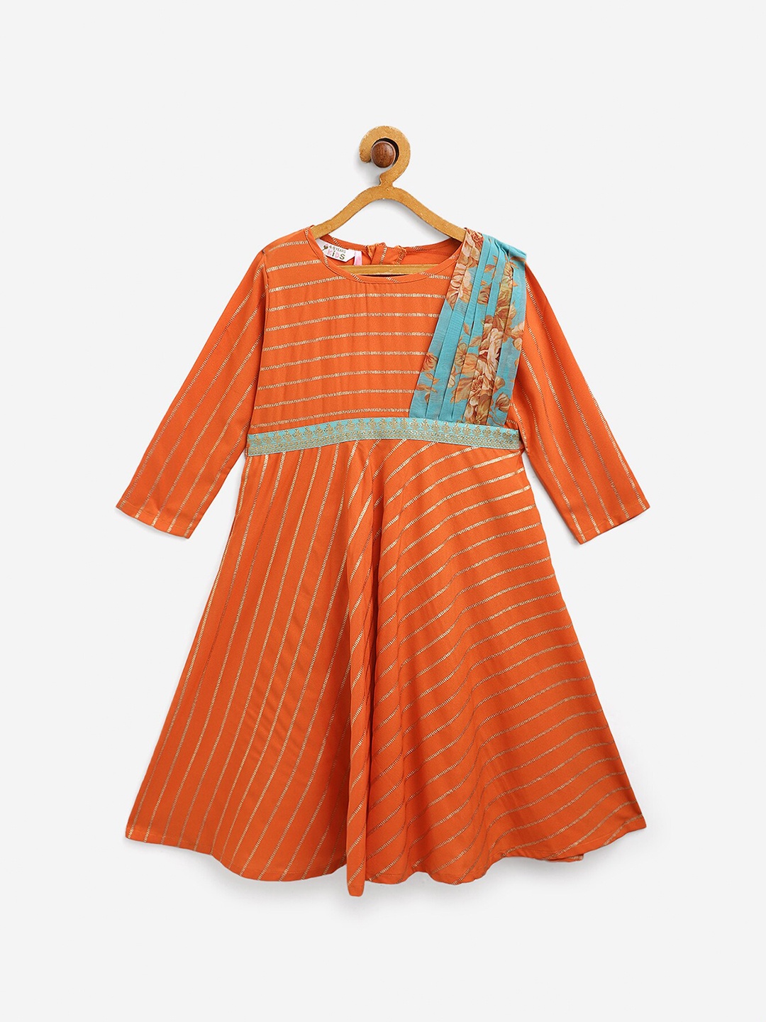 

Ahalyaa Girls Orange Striped Crepe A-Line Maxi Dress
