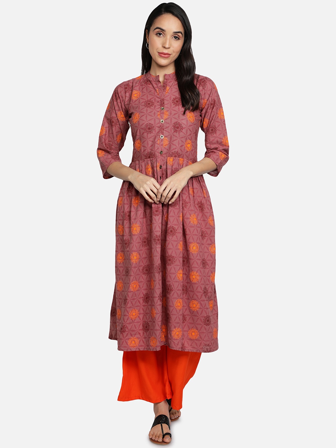 

Fabclub Women Pink & Yellow Ethnic Motifs Printed Thread Work Anarkali Cotton Kurta