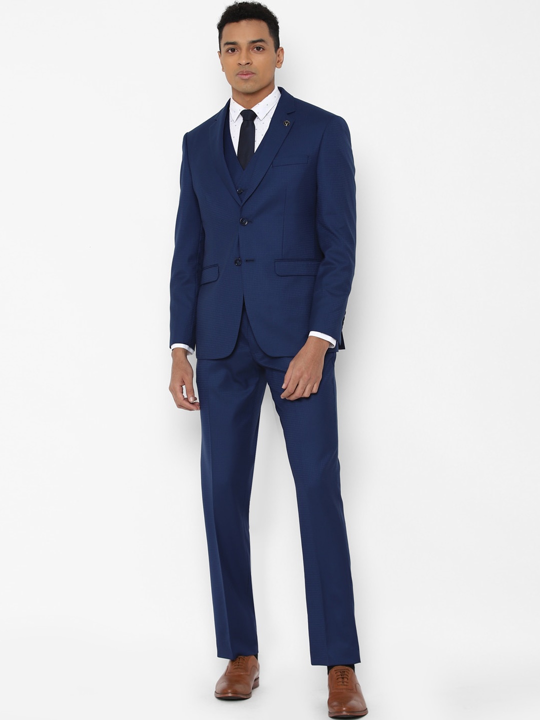 

Allen Solly Men Navy Blue Checked Slim Fit Single-Breasted 3-Piece Formal Suit