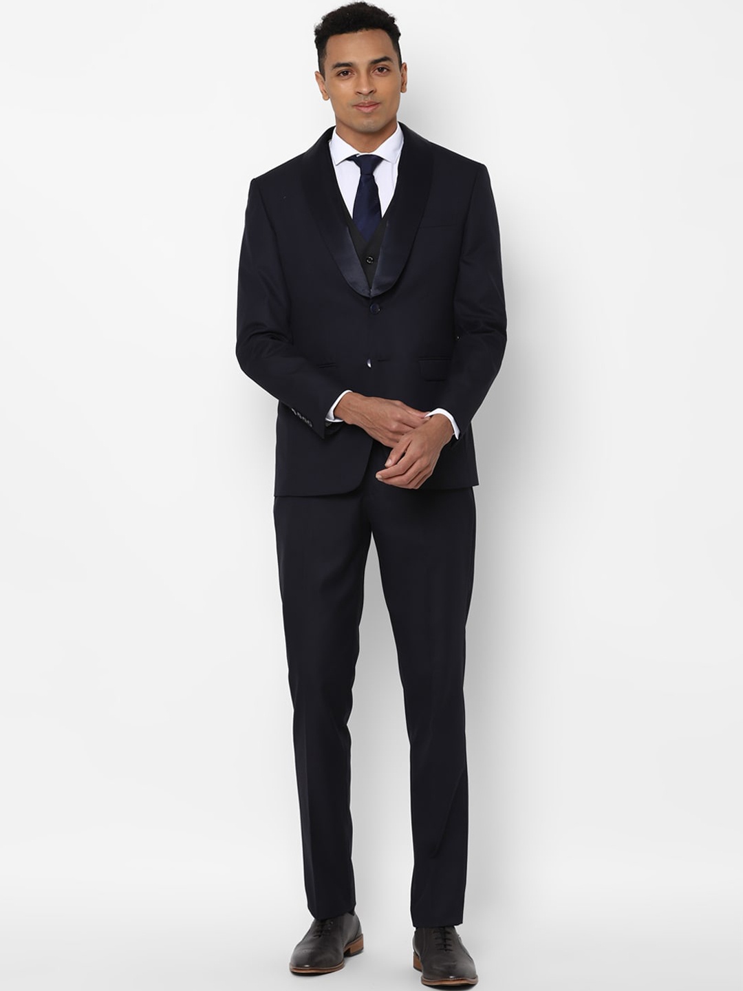 

Allen Solly Men Navy Blue Self Design Slim-Fit Single-Breasted Three-Piece Formal Suit