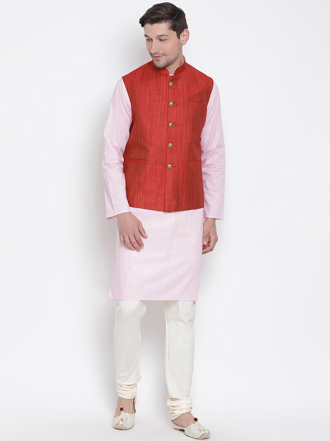 

VASTRAMAY Men Pink Kurta with Churidar & With Nehru Jacket
