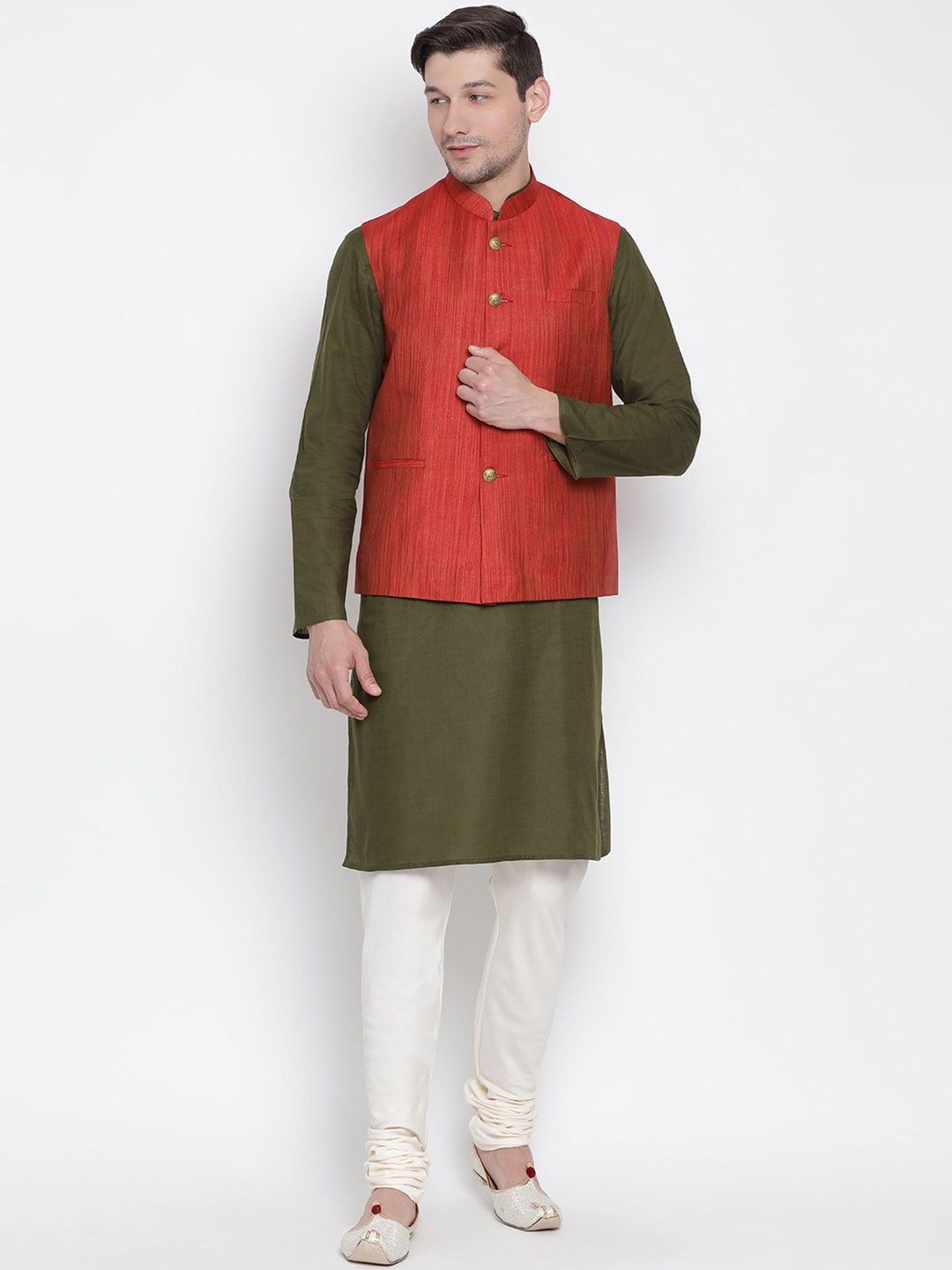 VASTRAMAY Men Olive Green Kurta with Churidar & Nehru Jacket
