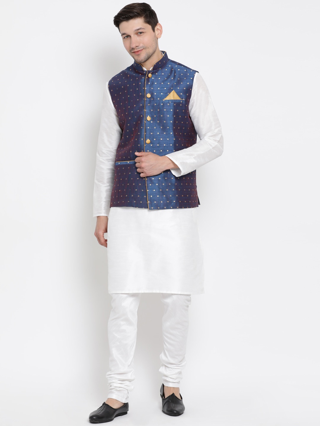 

VASTRAMAY Men White Layered Kurta with Churidar & Nehru Jacket