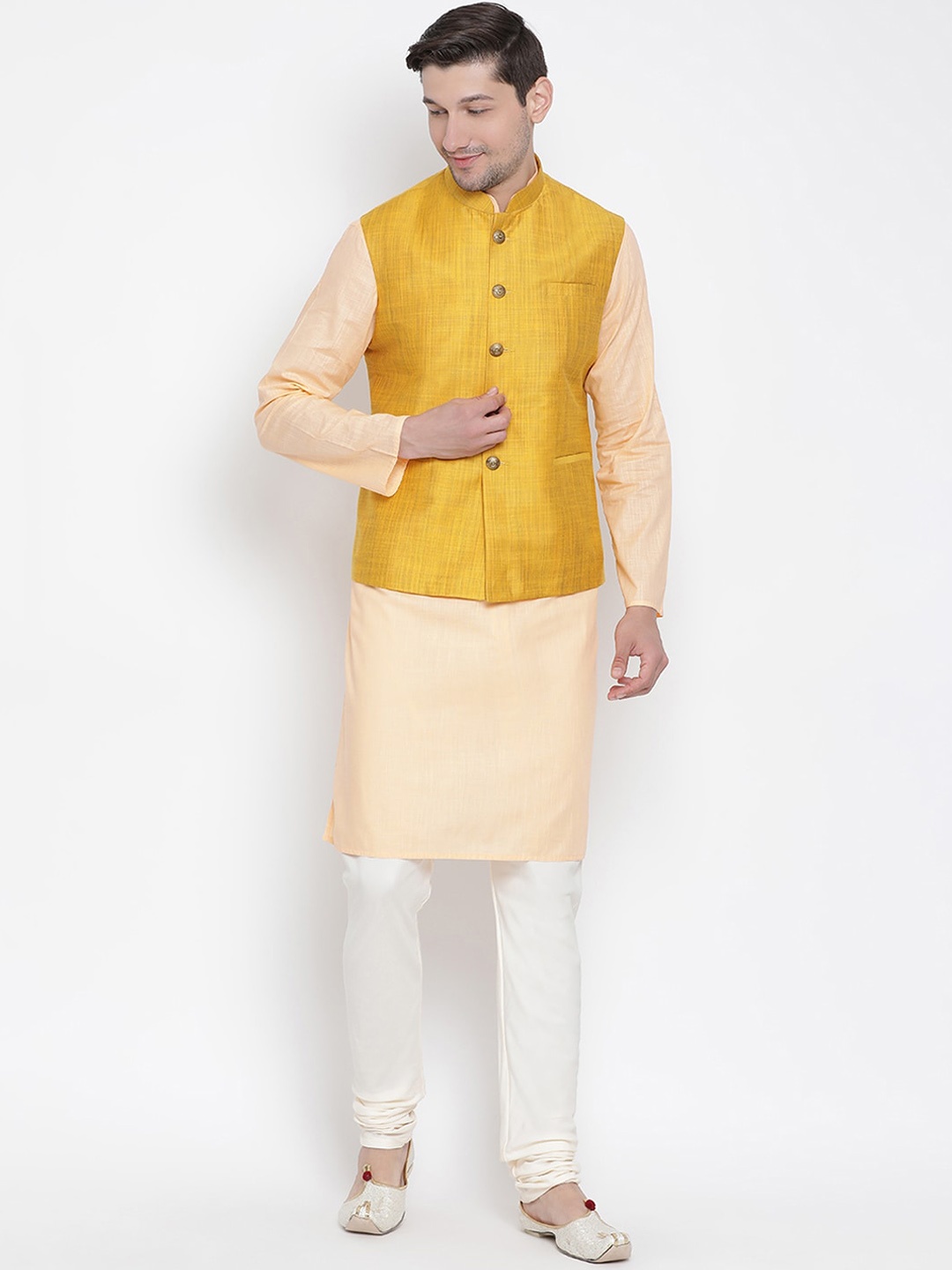 

VASTRAMAY Men Peach-Coloured Kurta with Churidar & Nehru Jacket