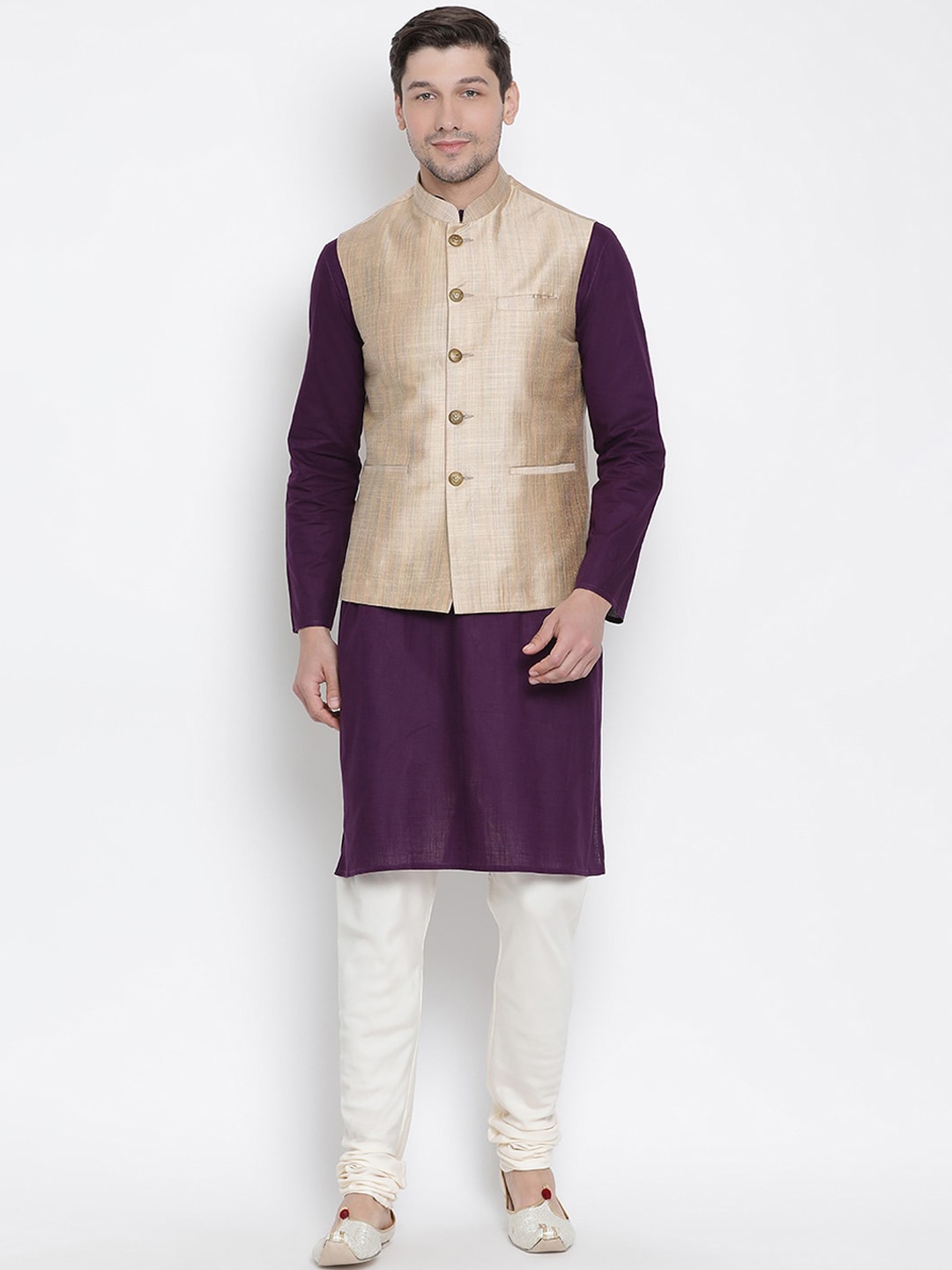 

VASTRAMAY Men Purple Kurta with Churidar & Nehru Jacket