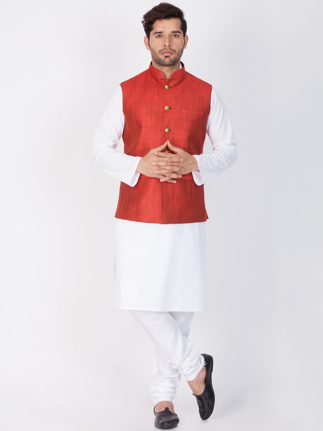

VASTRAMAY Men White Layered Pure Cotton Kurta Set With Nehru Jacket