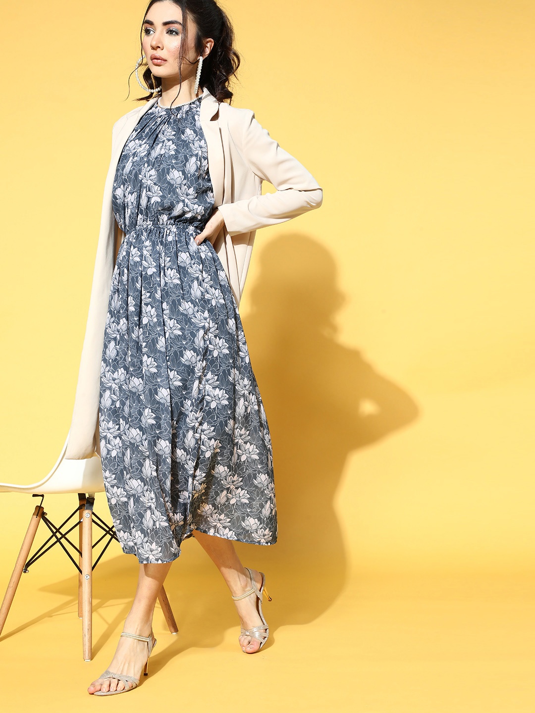 

Os Women Stunning Blue Floral New Neckline Dress