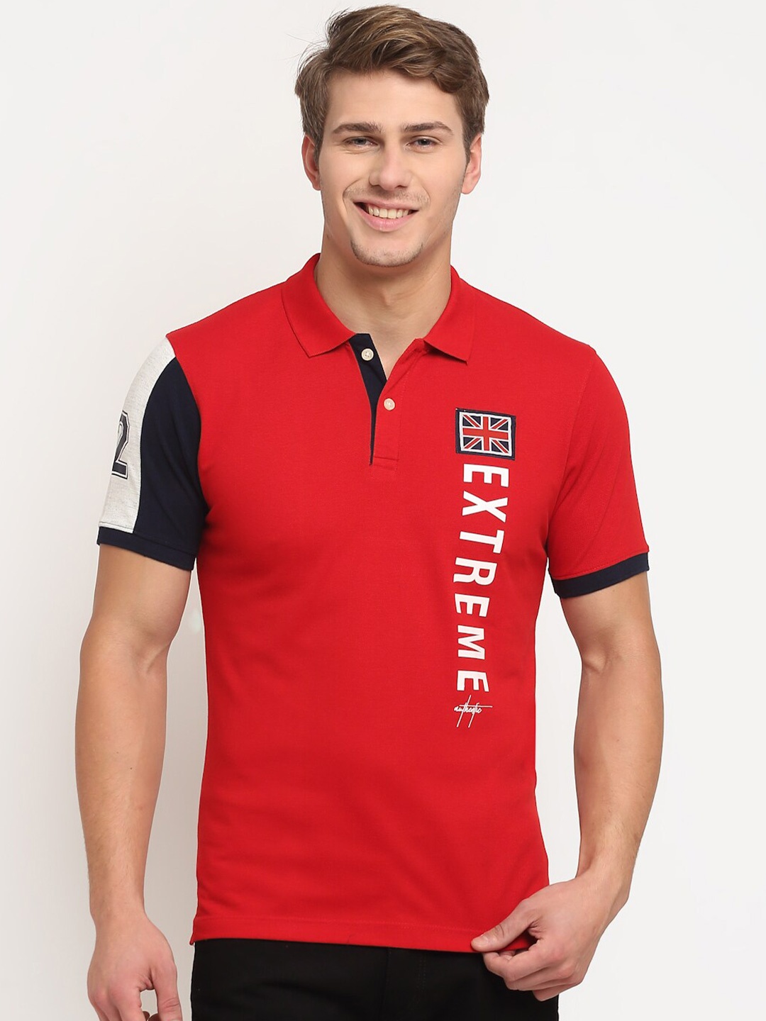 

Cantabil Men Red Cotton Typography Polo Collar T-shirt