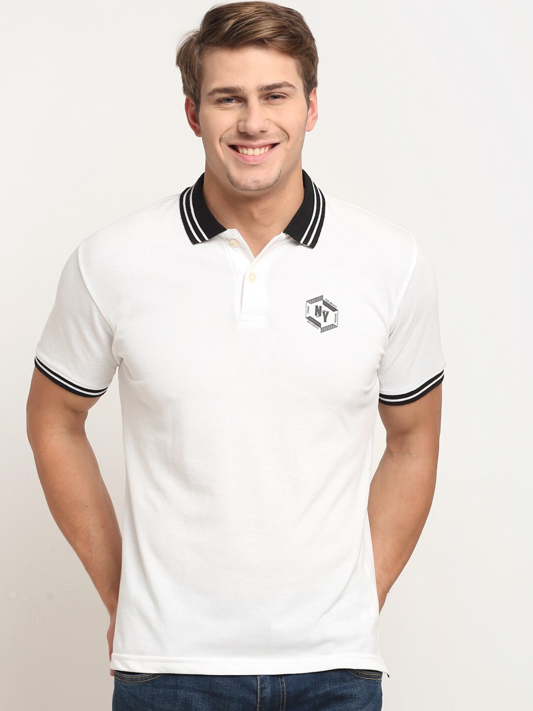 

Cantabil Men White & Black Polo Collar T-shirt