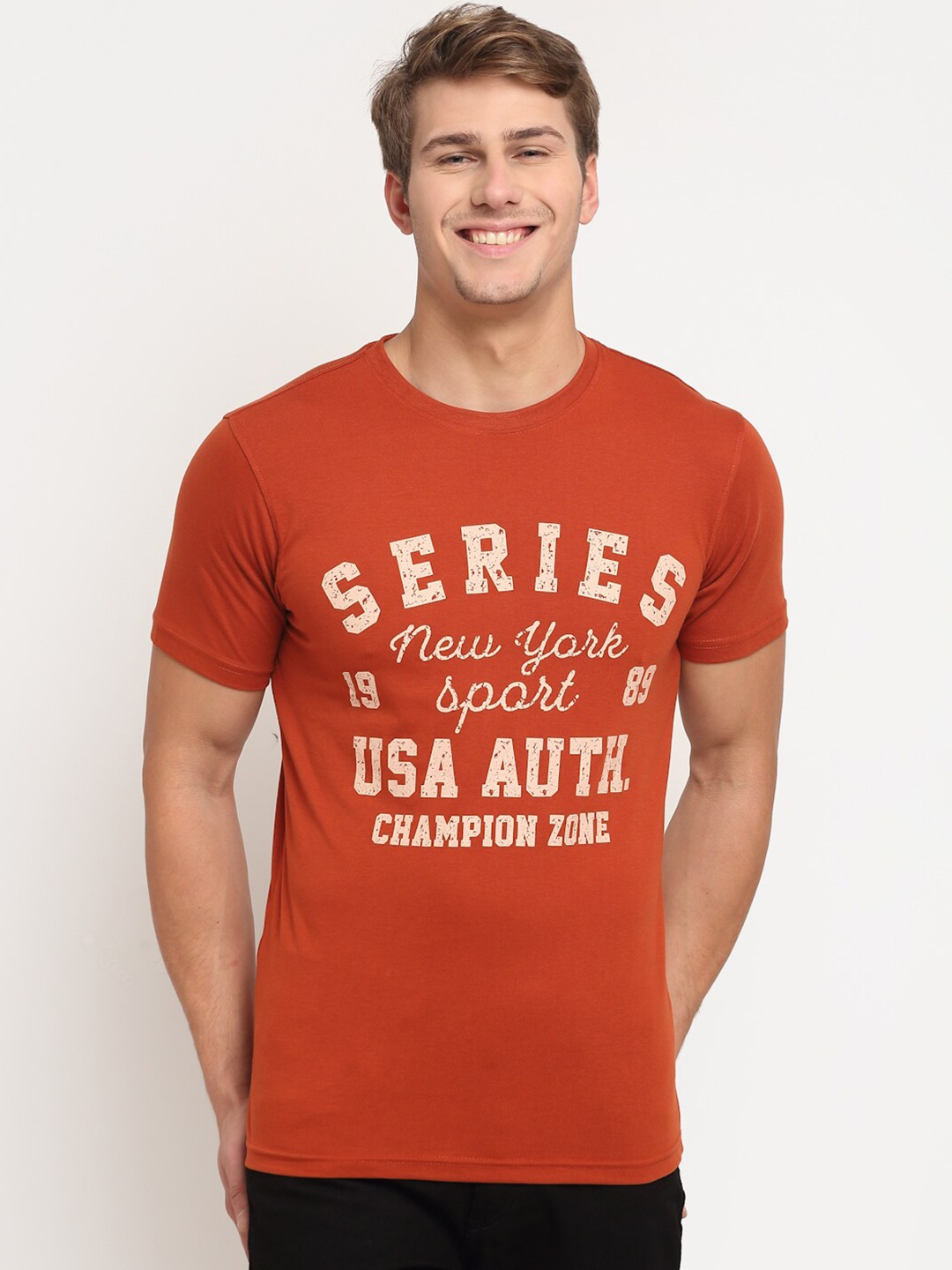 

Cantabil Men Rust & White Printed Round Neck Cotton T-shirt