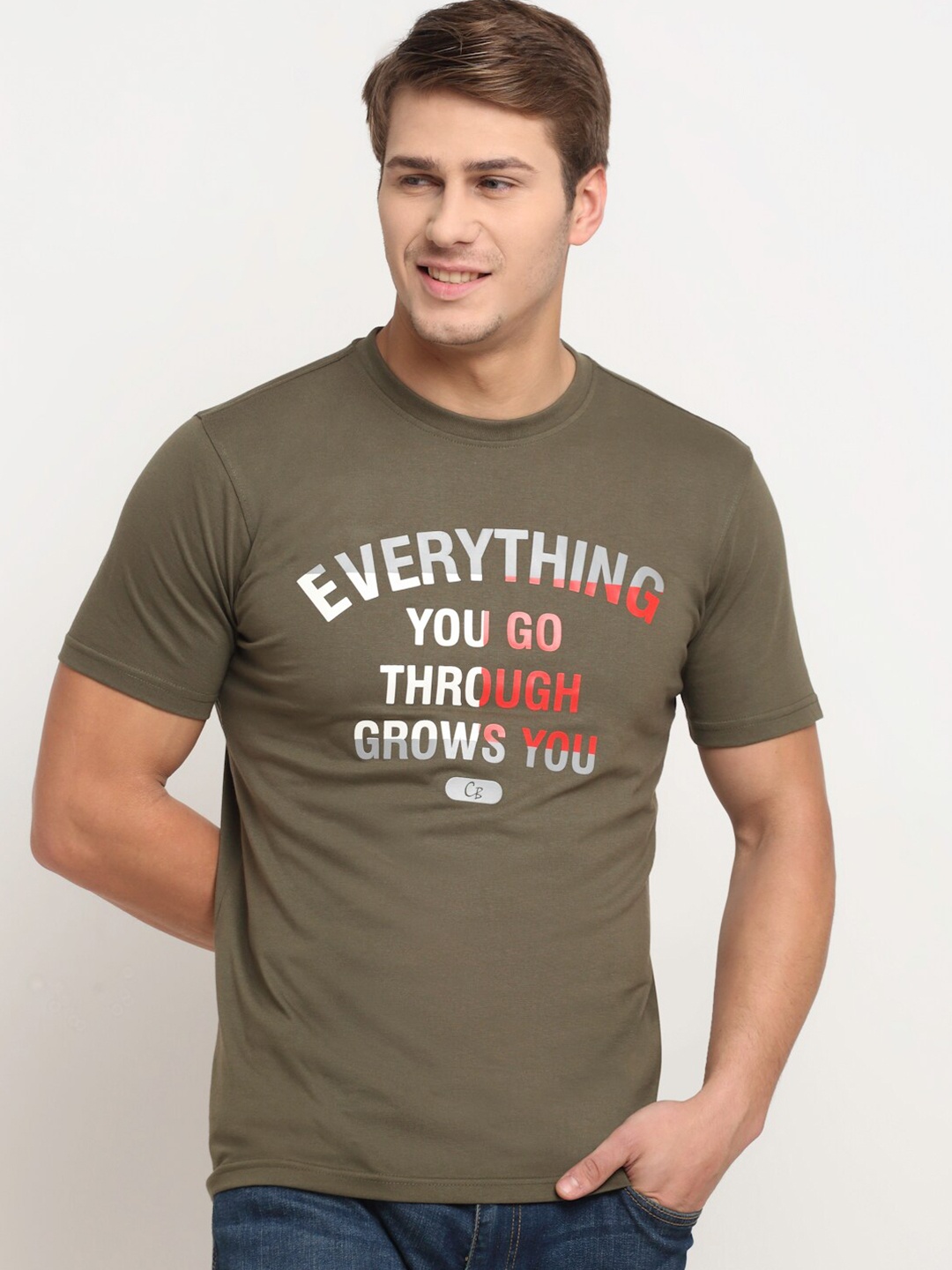 Cantabil Men Olive Green Cotton Typography Printed T-shirt