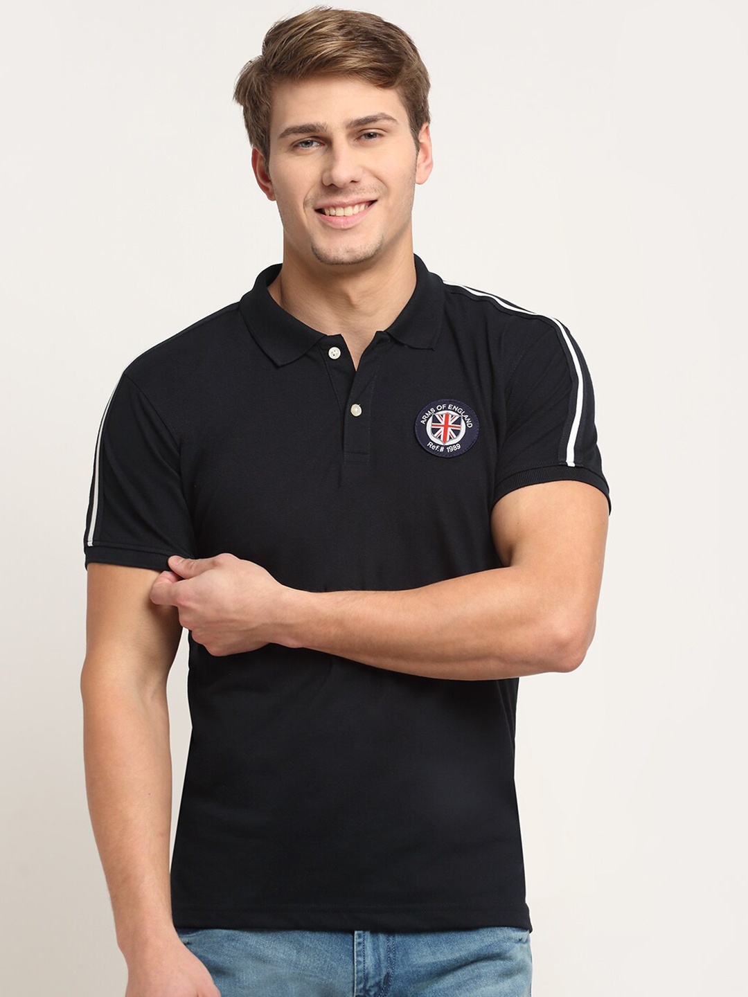 

Cantabil Men Navy Blue & White Solid Polo Collar Cotton T-shirt