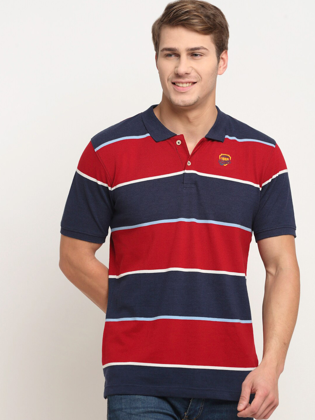 

Cantabil Men Blue & Red Striped Polo Collar Regular Fit Pure Cotton T-shirt
