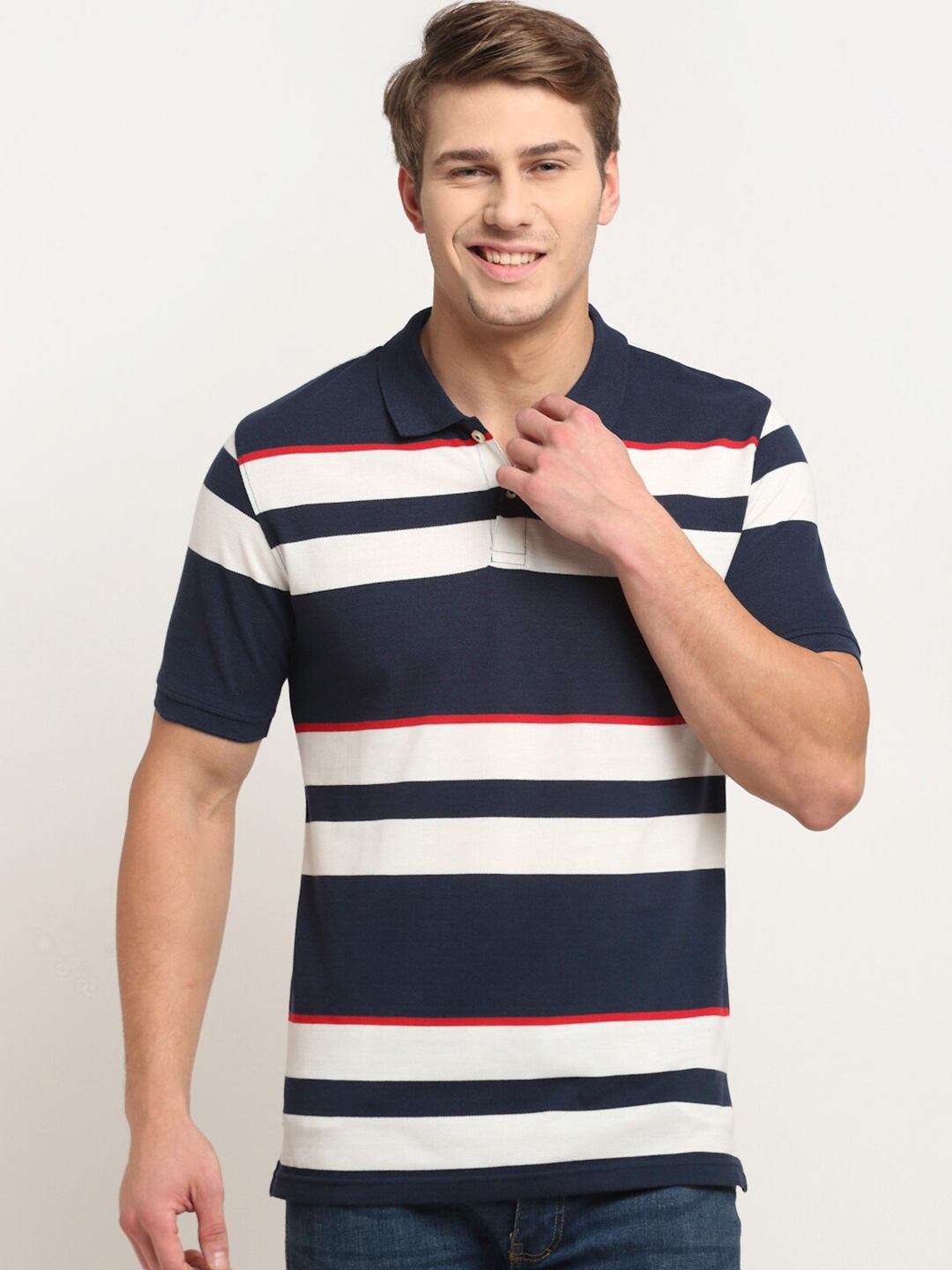 

Cantabil Men Navy Blue & White Striped Polo Collar CottonT-shirt