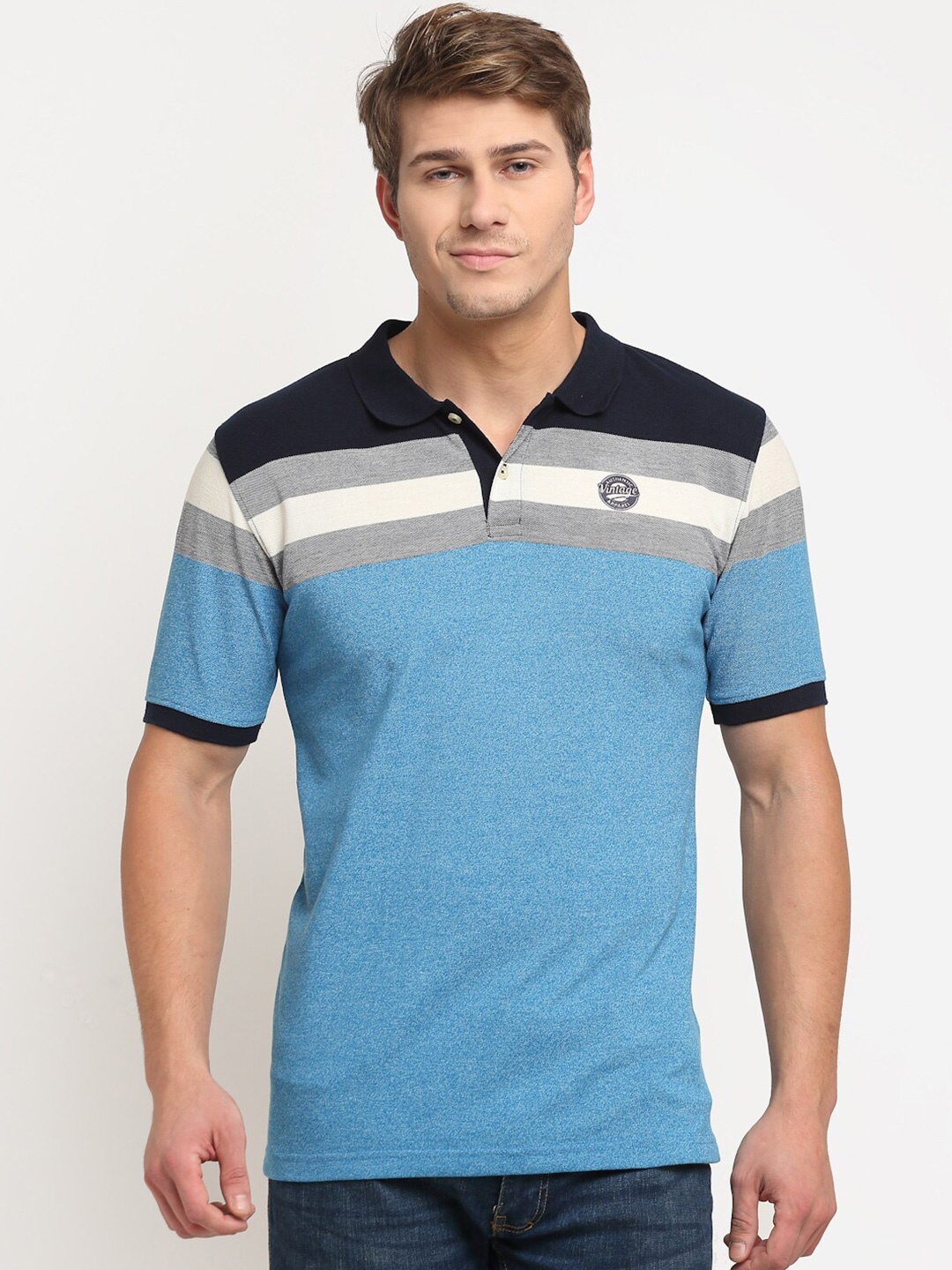 

Cantabil Men Blue & White Colourblocked Polo Collar Cotton T-shirt